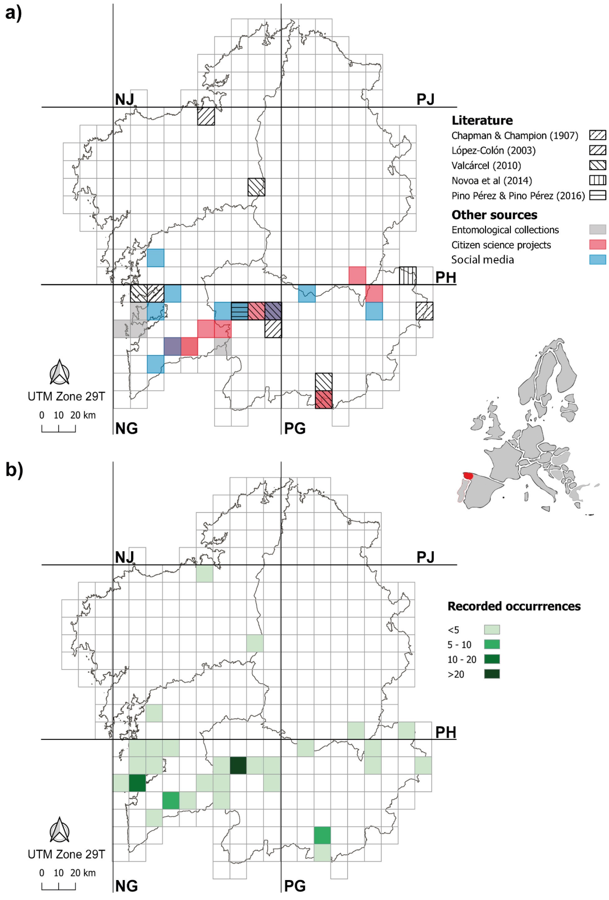 The  known distribution of Oryctes nasicornis grypus in Galicia (a)  and the number of records per cell (b)