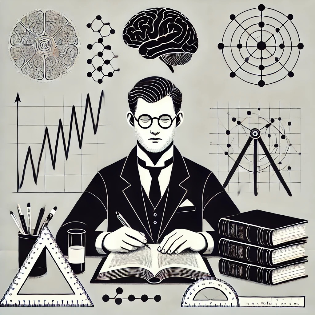  "An iconic black-and-white minimalist illustration of a philologist exploring the intricate connections between the brain and literature."  Image generated with DALL-E 3.