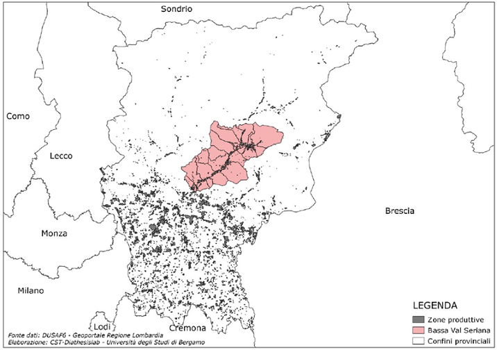 Mappa delle aree produttive della provincia di Bergamo. Fonte: Casti, 2021.  Elaborazione dati e mappatura: CST – DiathesisLab, Università di Bergamo.