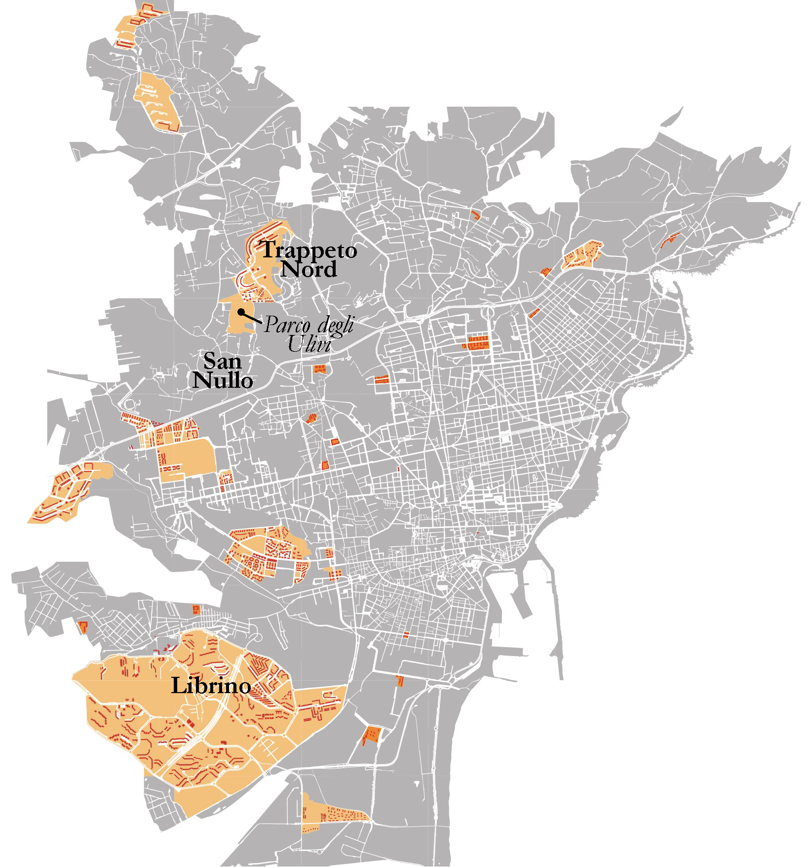 Librino and Trappeto Nord among the ERP districts of Catania; the buildings with IACP-owned units are red (elaboration by the authors on GIS data of Sicily Region and IACP Catania)